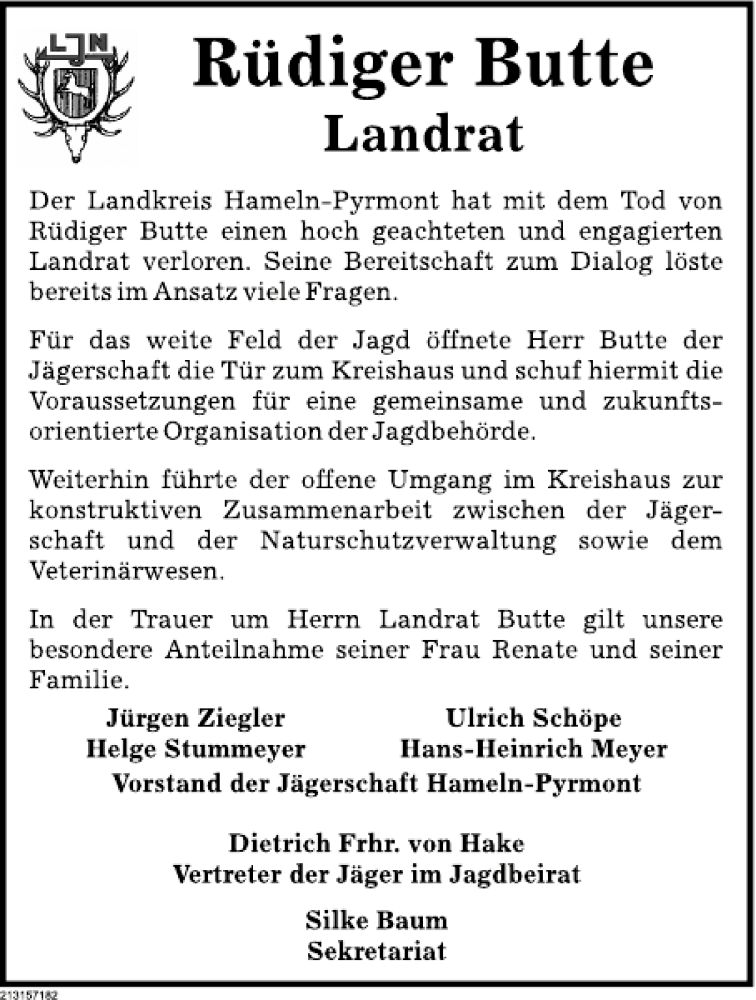  Traueranzeige für Rüdiger Butte vom 02.05.2013 aus Deister- und Weserzeitung