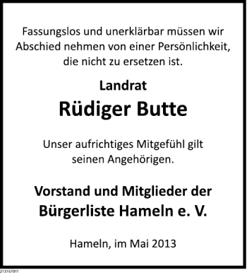 Traueranzeige von Rüdiger Butte von Deister- und Weserzeitung