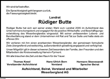 Traueranzeige von Rüdiger Butte von Deister- und Weserzeitung