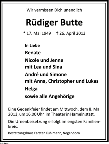 Traueranzeige von Rüdiger Butte von Deister- und Weserzeitung