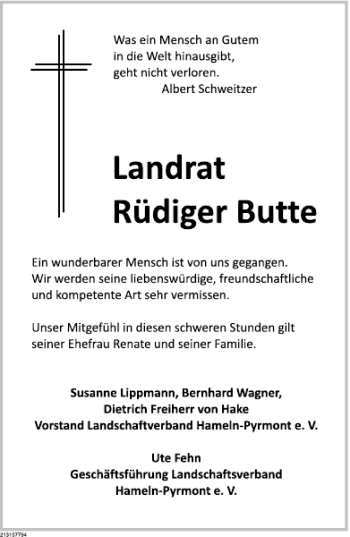 Traueranzeige von Rüdiger Butte von Deister- und Weserzeitung