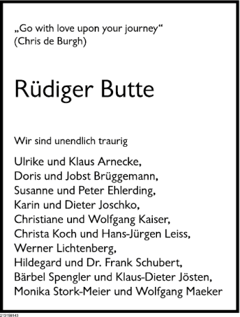 Traueranzeige von Rüdiger Butte von Deister- und Weserzeitung