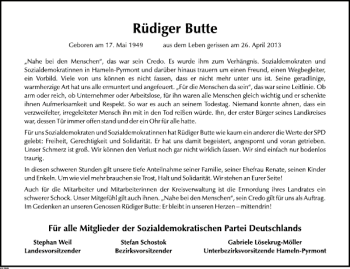 Traueranzeige von Rüdiger Butte von Deister- und Weserzeitung