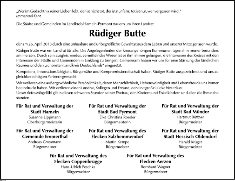  Traueranzeige für Rüdiger Butte vom 02.05.2013 aus Deister- und Weserzeitung
