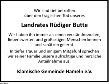 Traueranzeige von Rüdiger Butte von Deister- und Weserzeitung