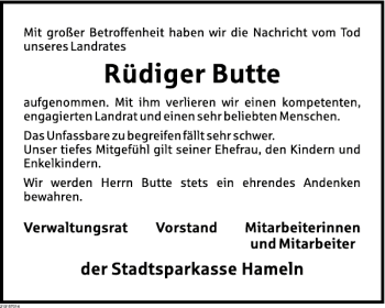 Traueranzeige von Rüdiger Butte von Deister- und Weserzeitung