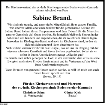 Traueranzeige von Sabine Brand von Deister- und Weserzeitung