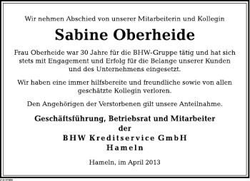 Traueranzeige von Sabine Oberheide von Deister- und Weserzeitung