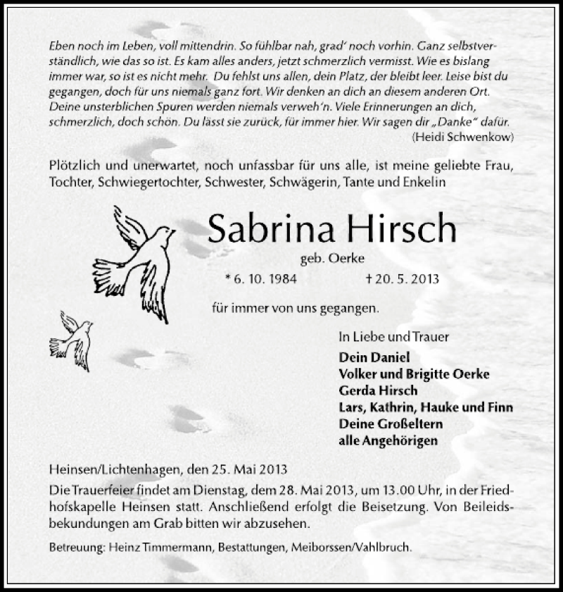  Traueranzeige für Sabrina Hirsch vom 25.05.2013 aus Deister- und Weserzeitung