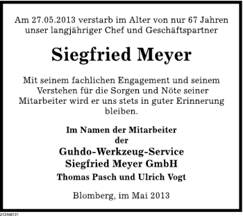 Traueranzeige von Siegfied Meyer von Deister- und Weserzeitung