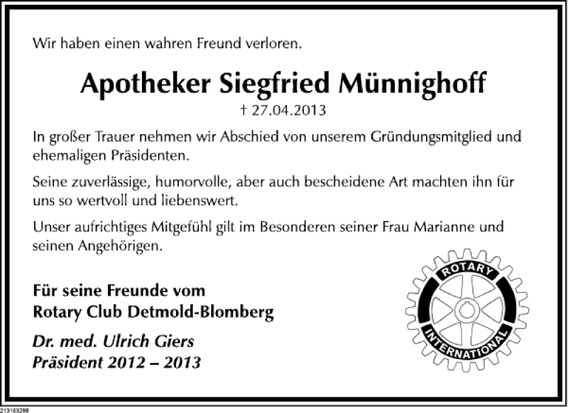  Traueranzeige für Siegfried Münnighoff vom 18.05.2013 aus Deister- und Weserzeitung