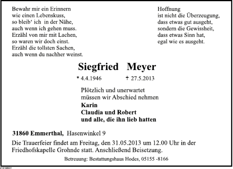  Traueranzeige für Siegried Meyer vom 29.05.2013 aus Deister- und Weserzeitung