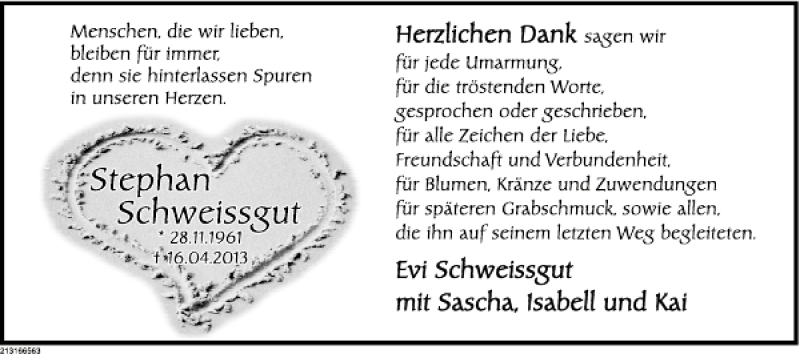  Traueranzeige für Stephan Schweissgut vom 25.05.2013 aus Deister- und Weserzeitung
