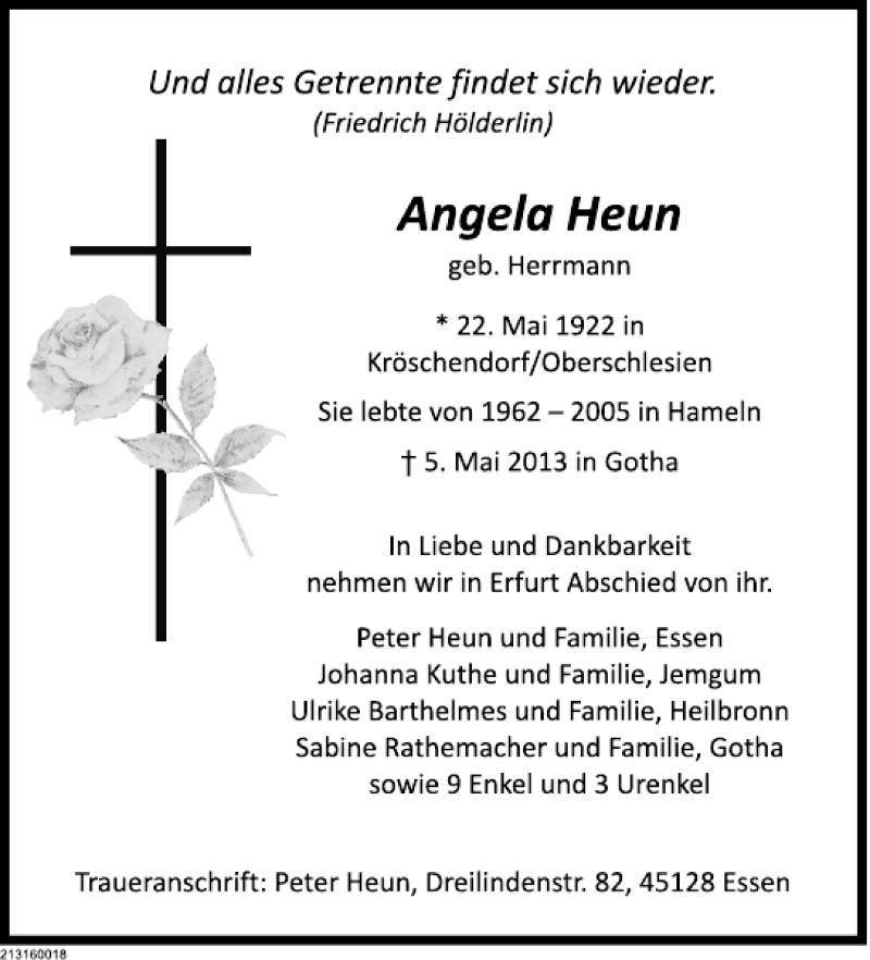  Traueranzeige für TA Angela Heun vom 11.05.2013 aus Deister- und Weserzeitung