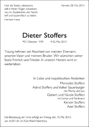 Traueranzeige von TA Dieter Stoffers von Deister- und Weserzeitung