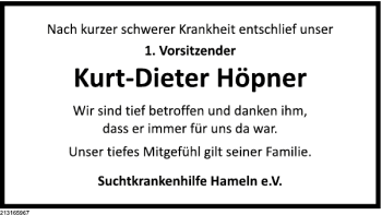 Traueranzeige von TA Kurt-Dietner Höpner von Deister- und Weserzeitung