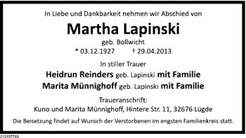 Traueranzeige von TA Martha Lapinski von Deister- und Weserzeitung