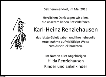 Traueranzeige von TRDKSG. Renziehausen von Deister- und Weserzeitung