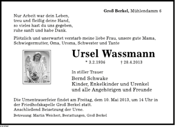 Traueranzeige von Ursel Wassermann von Deister- und Weserzeitung
