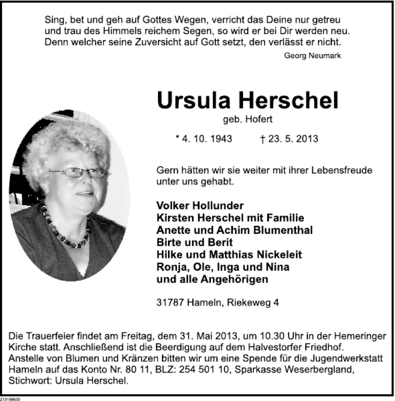  Traueranzeige für Ursula Henschel vom 29.05.2013 aus Deister- und Weserzeitung