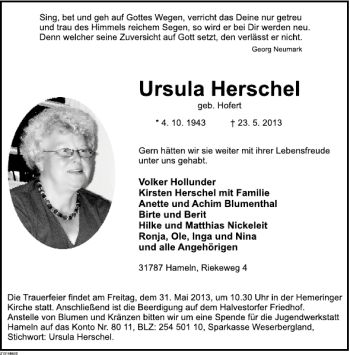 Traueranzeige von Ursula Henschel von Deister- und Weserzeitung