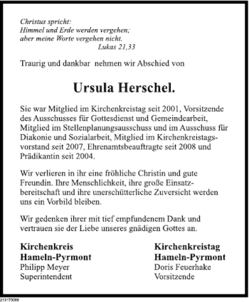 Traueranzeige von Ursula Herschel von Deister- und Weserzeitung