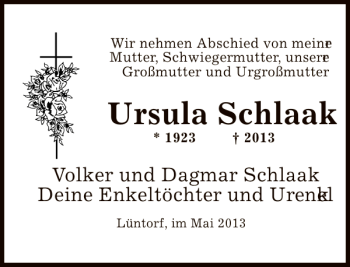 Traueranzeige von Ursula Schlaak von Deister- und Weserzeitung
