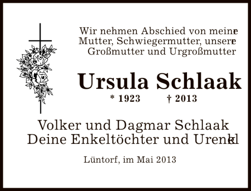  Traueranzeige für Ursula Schlaak vom 21.05.2013 aus Deister- und Weserzeitung