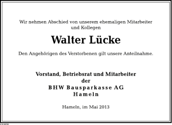 Traueranzeige von Walter Lücke von Deister- und Weserzeitung