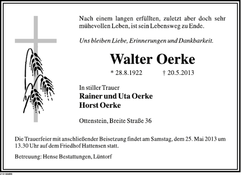  Traueranzeige für Walter Oerke vom 24.05.2013 aus Deister- und Weserzeitung