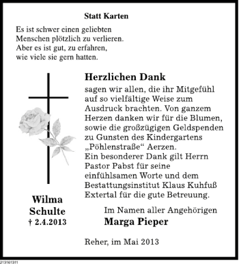 Traueranzeige von Wilma Schulte von Deister- und Weserzeitung