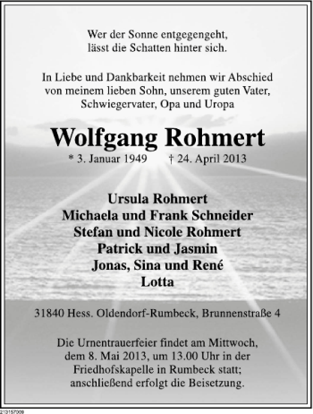 Traueranzeige von Wolfgang Rohmert von Deister- und Weserzeitung