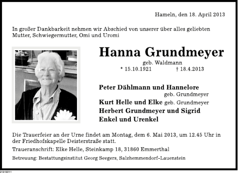  Traueranzeige für hanna grundmeyer vom 02.05.2013 aus Deister- und Weserzeitung