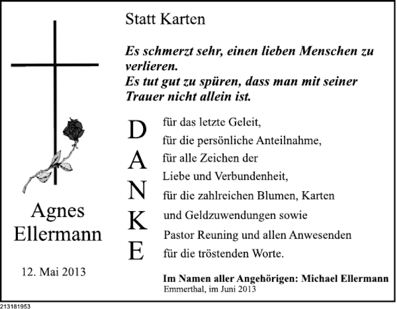  Traueranzeige für Agnes Ellermann vom 29.06.2013 aus Deister- und Weserzeitung