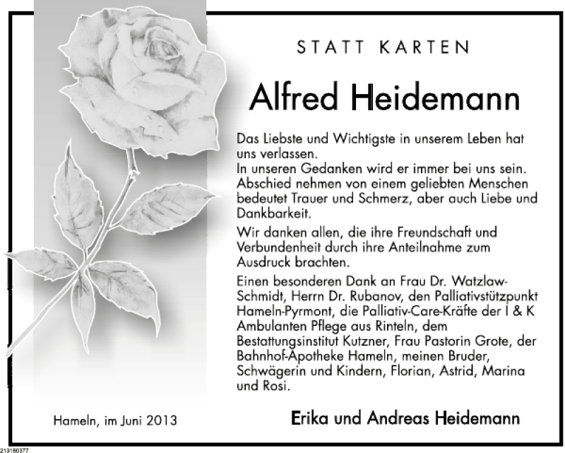  Traueranzeige für Alfred Heidemann vom 25.06.2013 aus Deister- und Weserzeitung