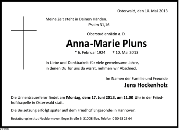 Traueranzeige von Anna-Marie Pluns von Deister- und Weserzeitung