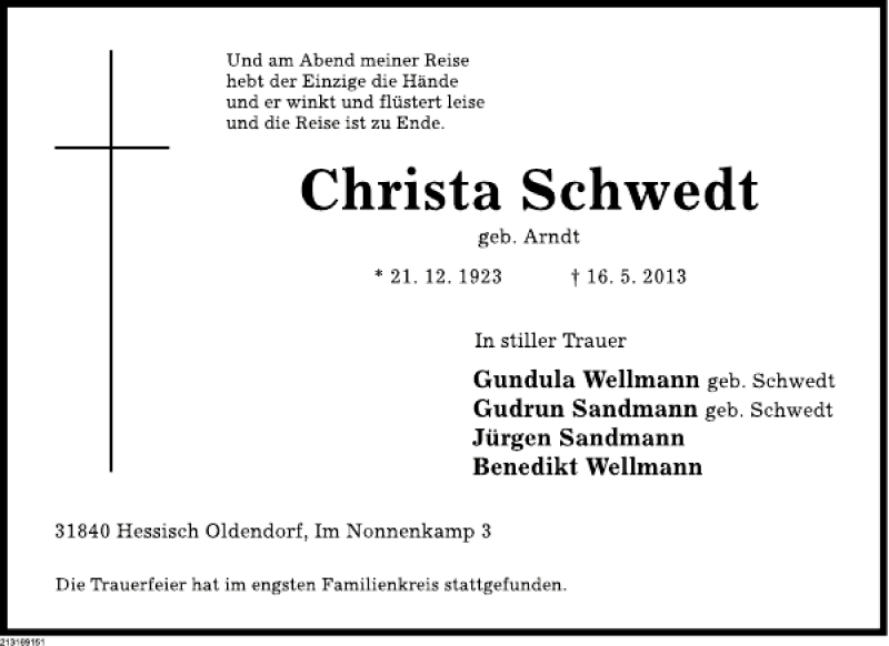  Traueranzeige für Christa Stichweh vom 01.06.2013 aus Deister- und Weserzeitung