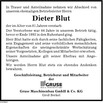Traueranzeige von Dieter Blut von Deister- und Weserzeitung