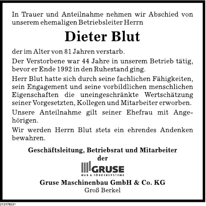  Traueranzeige für Dieter Blut vom 19.06.2013 aus Deister- und Weserzeitung