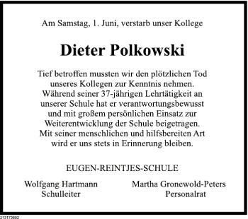 Traueranzeige von Dieter Polkowski von Deister- und Weserzeitung