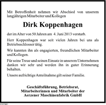 Traueranzeige von Dirk Koppenhagen von Deister- und Weserzeitung