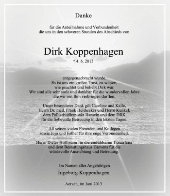 Traueranzeige von Dirk Koppenhagen von Deister- und Weserzeitung