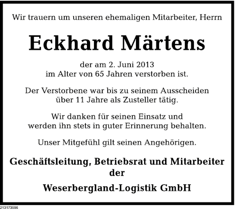  Traueranzeige für Eckhard Märtens vom 08.06.2013 aus Deister- und Weserzeitung
