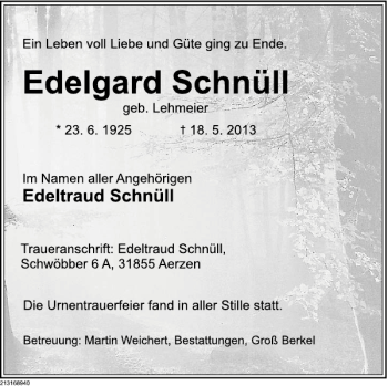 Traueranzeige von Edelgard Schnüll von Deister- und Weserzeitung