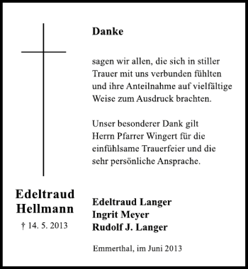 Traueranzeige von Edeltraud Hellmann von Deister- und Weserzeitung