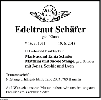 Traueranzeige von Edeltraut Schäfer von Deister- und Weserzeitung