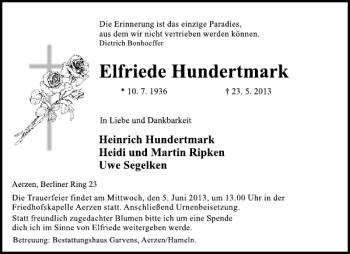 Traueranzeige von Elfriede Hundertmark von Deister- und Weserzeitung