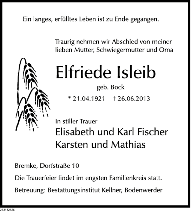  Traueranzeige für Elfriede Isleib vom 29.06.2013 aus Deister- und Weserzeitung