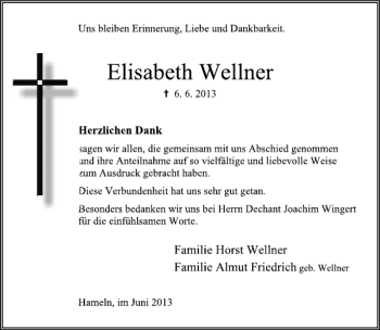 Traueranzeige von Elisabeth Wellner von Deister- und Weserzeitung