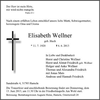 Traueranzeige von Elisabeth Wellner von Deister- und Weserzeitung